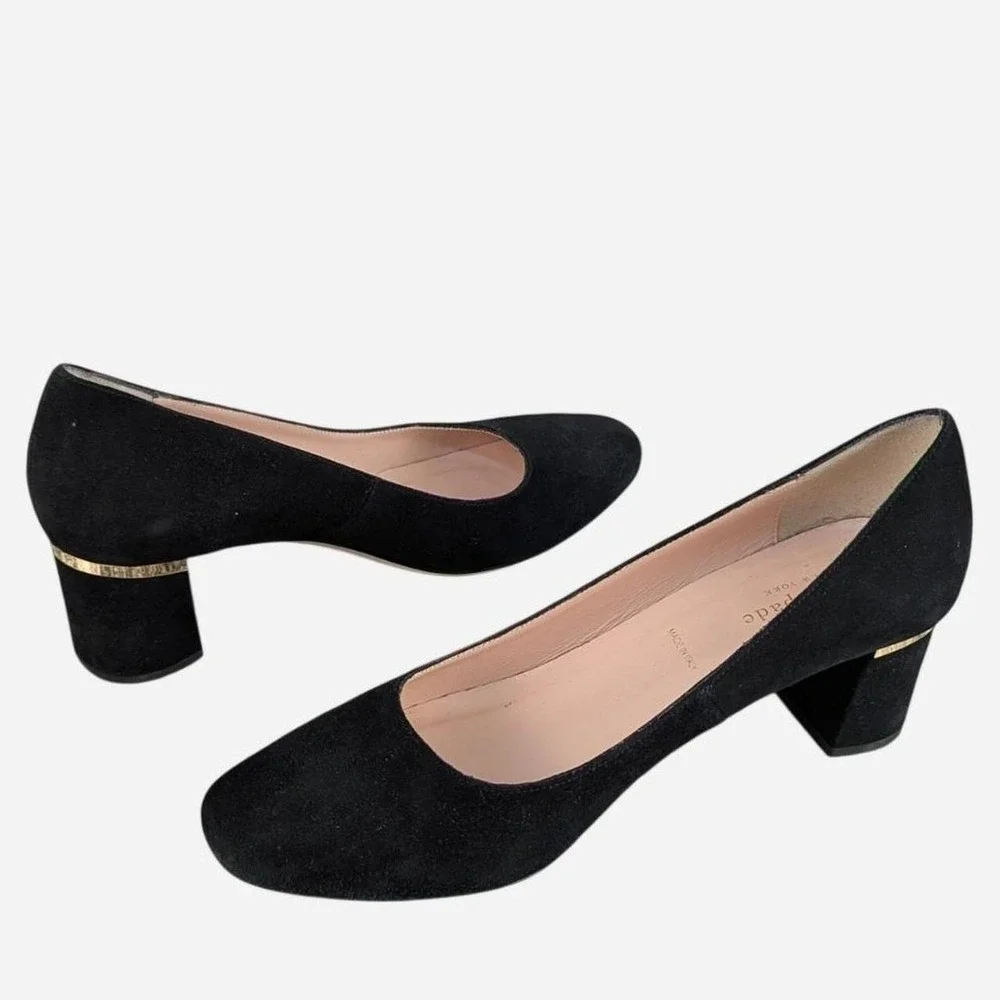 Kate Spade New York Black Suede Block Heel Pump Gold Hardware Size 7.5